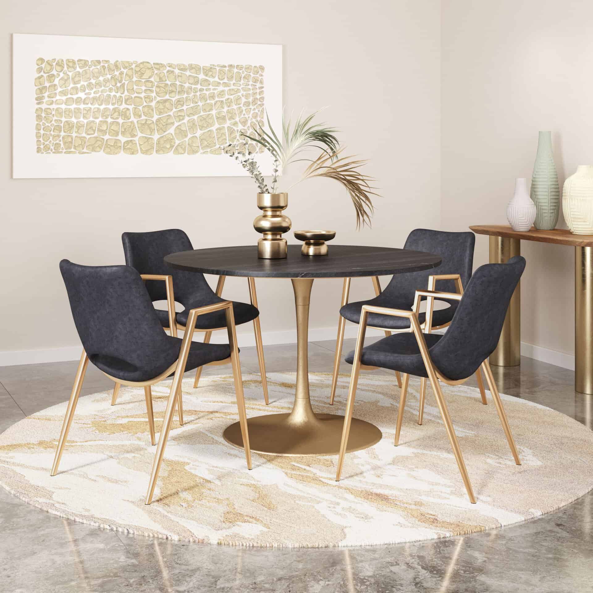 Black and Gold Mid-Century Modern Dining Chair with Faux Leather (Set of 2)