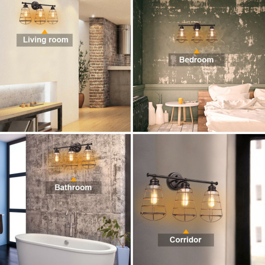 Industrial 3-Light Wall Lamp with Cage Design (Set of 1) 6 Industrial 3-Light Wall Lamp with Cage Design (Set of 1) - Image 6