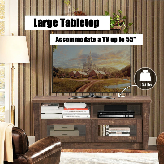 Wood TV Stand with Storage Shelves and Glass Door Cabinets 2 Wood TV Stand with Storage Shelves and Glass Door Cabinets - Image 2
