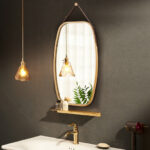 Adjustable Bamboo Wall Mirror with Leather Strap and Hook