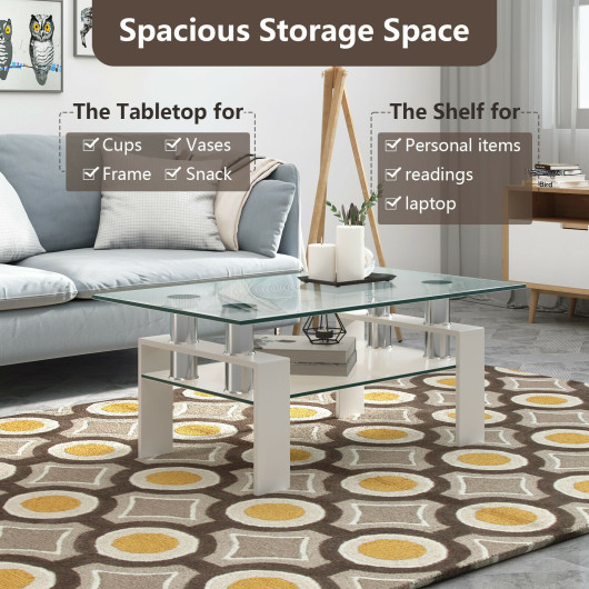 Modern Glass Coffee Table with Metal Legs and Storage Shelves 2 Modern Glass Coffee Table with Metal Legs and Storage Shelves - Image 2