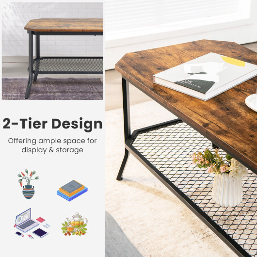 Industrial Coffee Table with 2-Tier Storage Shelf Rustic Brown 7 Industrial Coffee Table with 2-Tier Storage Shelf Rustic Brown - Image 7