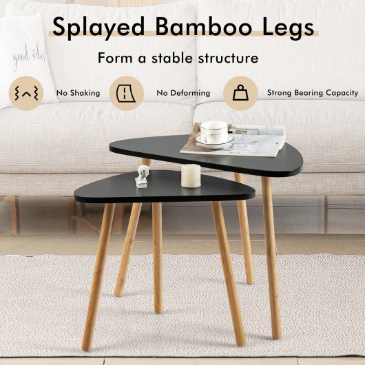 Modern Nesting Coffee Tables Triangular MDF Bamboo Legs (Set of 2) 3 Modern Nesting Coffee Tables Triangular MDF Bamboo Legs (Set of 2) - Image 3