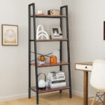 Rustic Brown 4 Tier Open Bookshelf with Metal Frame