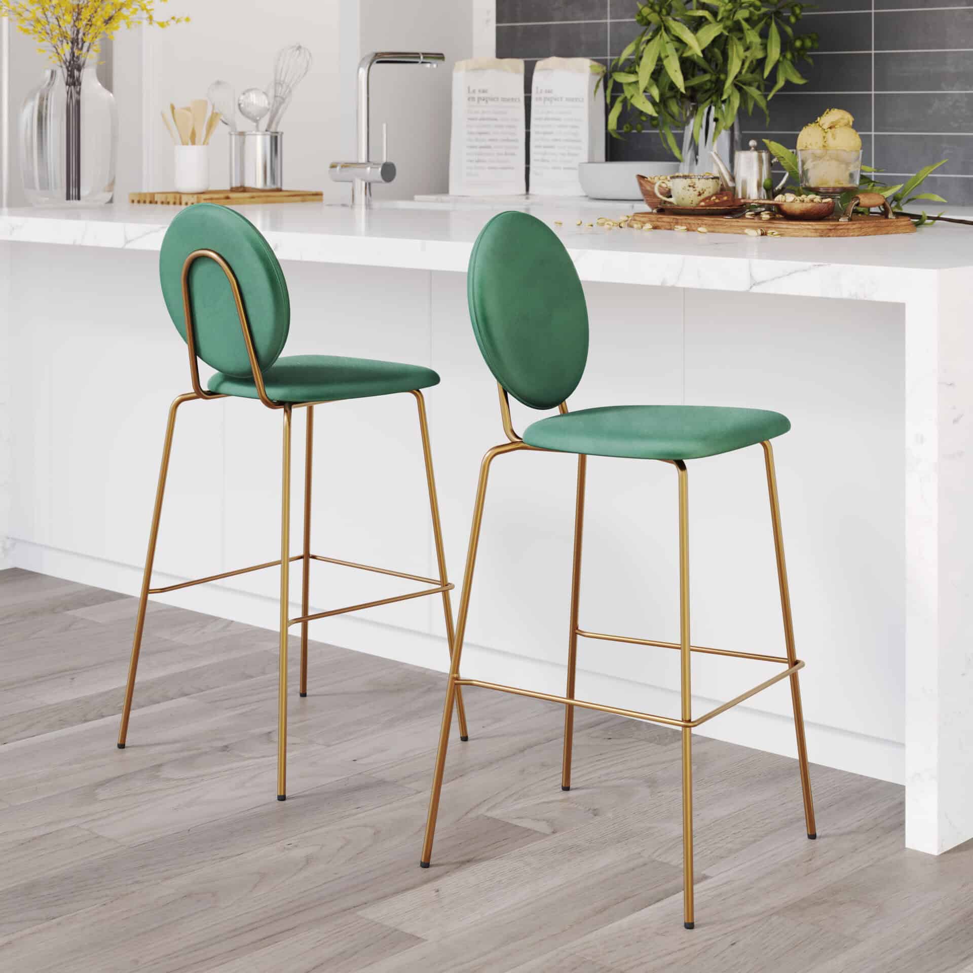 Green Velvet Bar Stools with Gold Frame (Set of 2) 2 Green Velvet Bar Stools with Gold Frame (Set of 2) - Image 2
