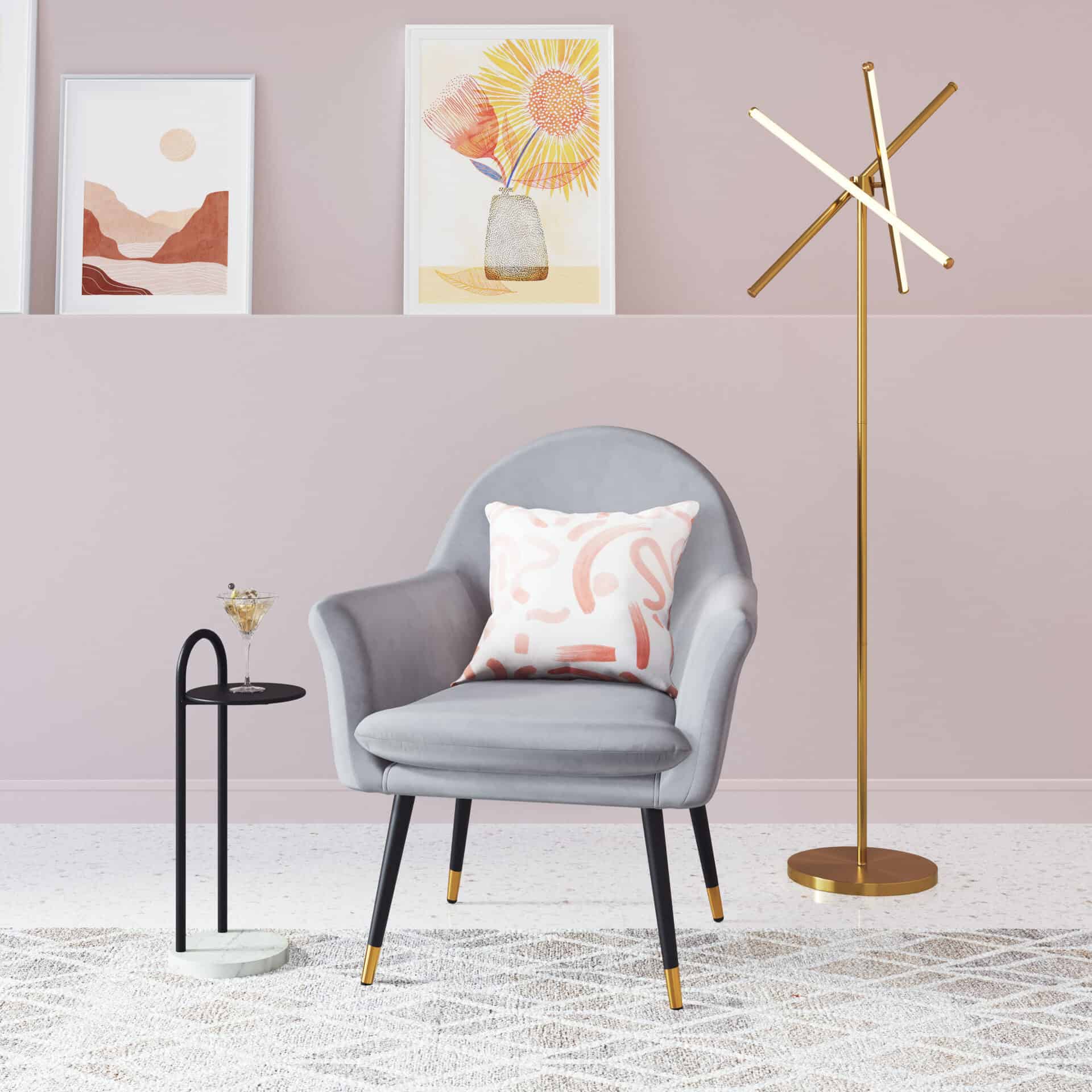 Gray Velvet Boho Accent Chair with Steel Legs and Armrest Support 1 Gray Velvet Boho Accent Chair with Steel Legs and Armrest Support