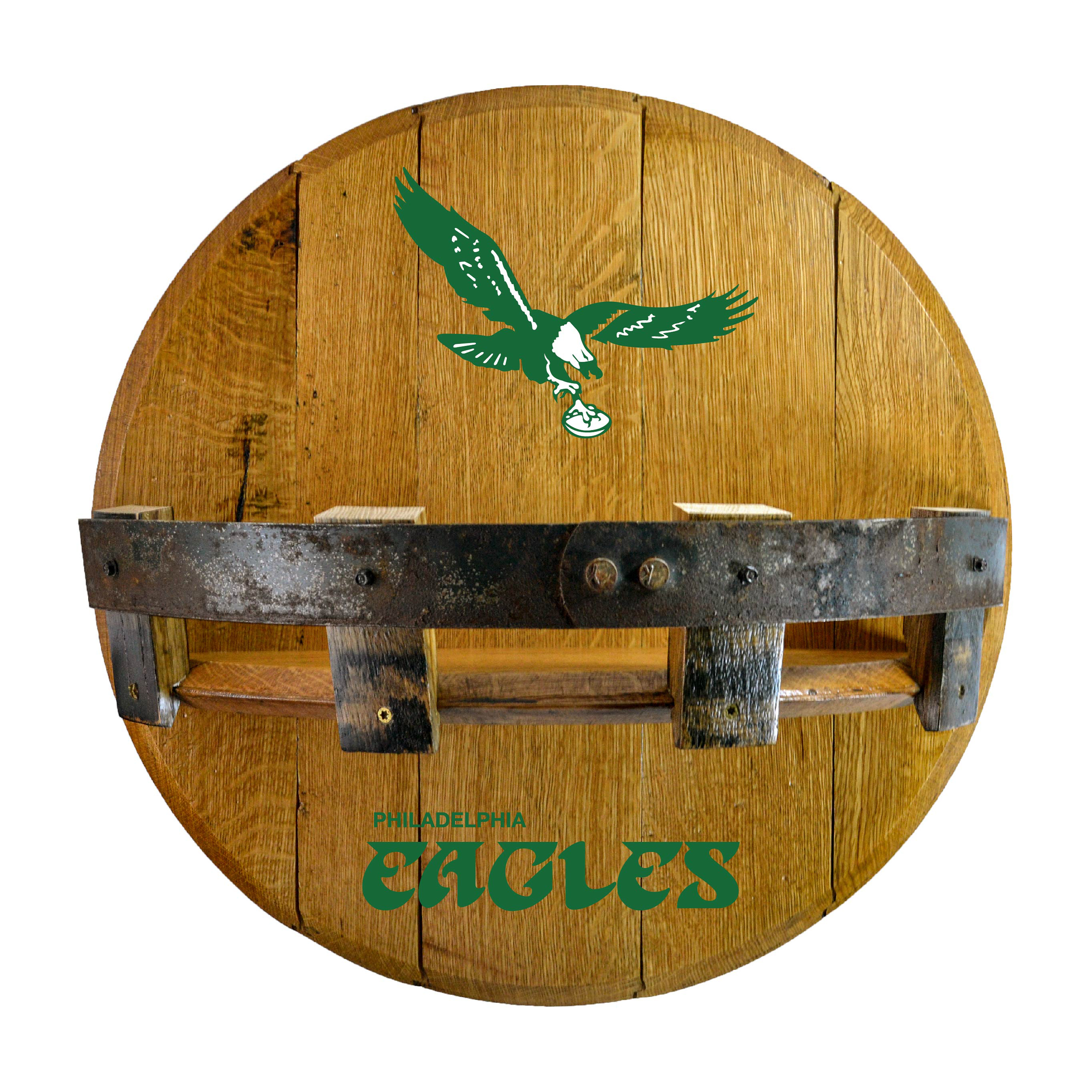 vintage philadelphia eagles oak whiskey barrel bar shelf