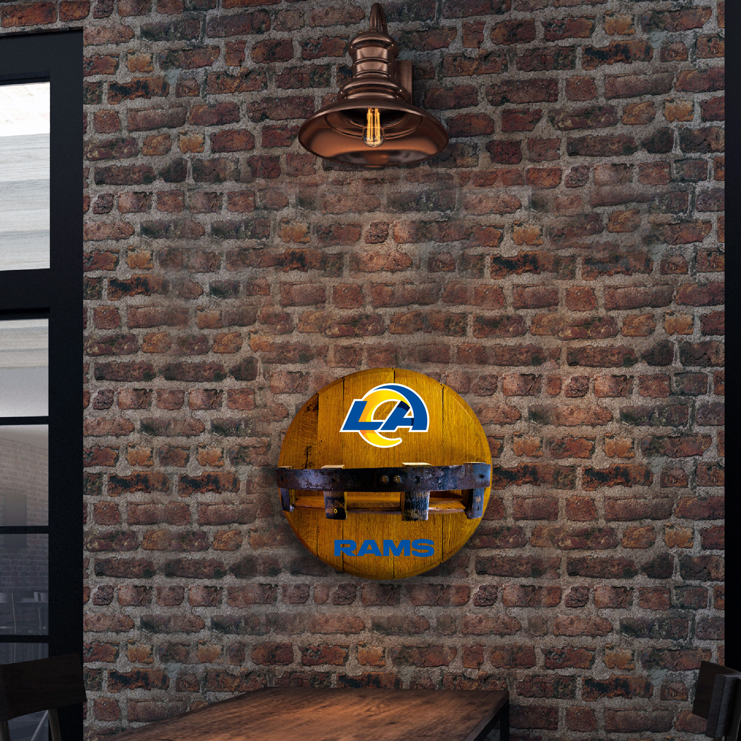 los angeles rams oak whiskey barrel bar shelf