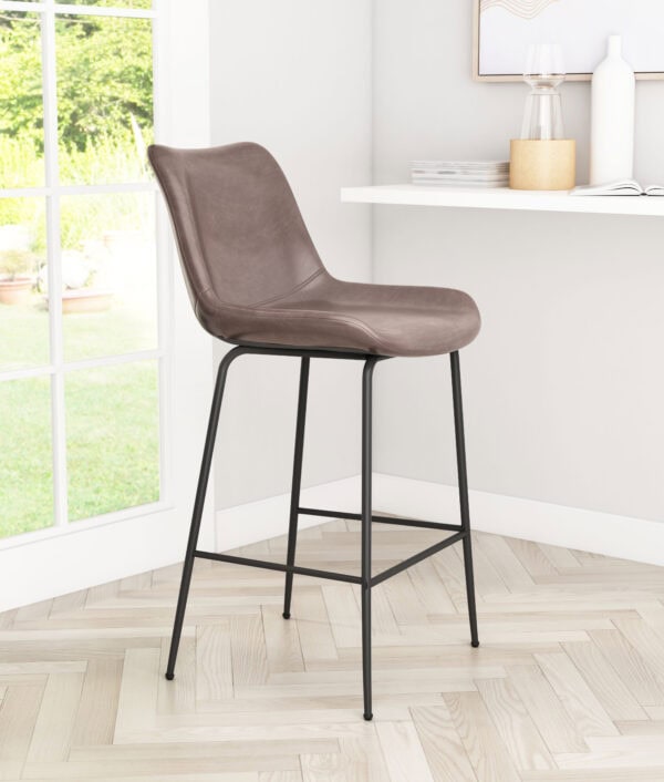 Brown Faux Leather Counter Stool with Black Steel Legs