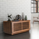 Narrow Modern Walnut TV Stand with Adjustable Shelf and Cable Holes 8 Narrow Modern Walnut TV Stand with Adjustable Shelf and Cable Holes