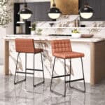 Brown Tufted Bar Stool with Steel Frame and Footrest (Set of 2)