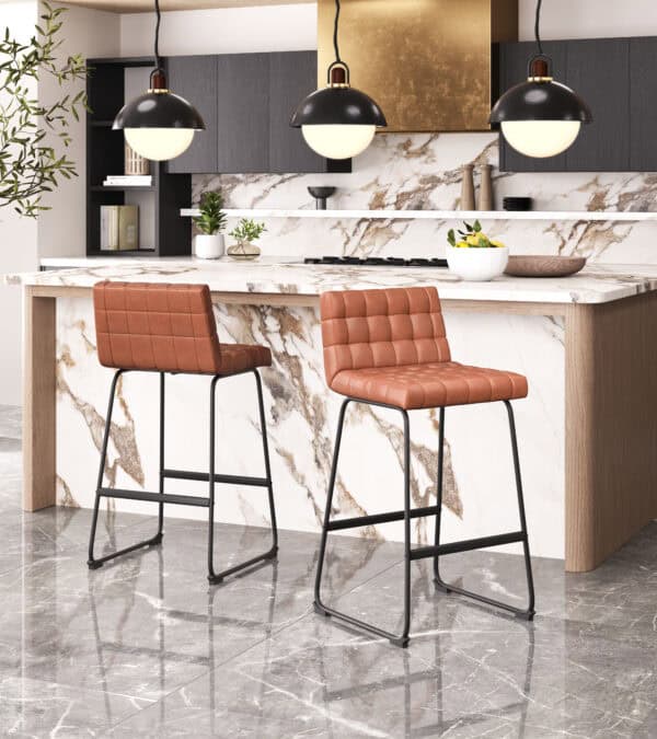 Brown Tufted Bar Stool with Steel Frame and Footrest (Set of 2)