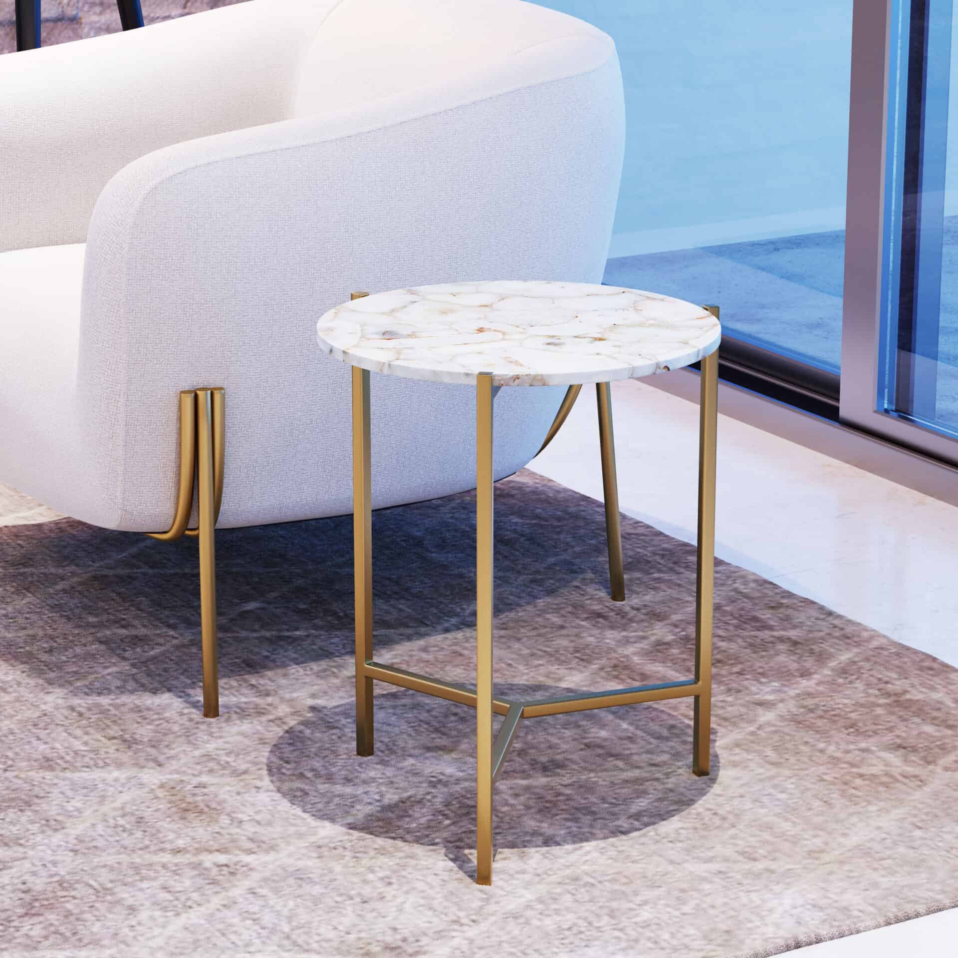 Agate Stone Top Side Table with Gold Base, White (1) 3 Agate Stone Top Side Table with Gold Base, White (1) - Image 3