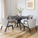 Black Round Dining Table with Marble-Look Top and Wood Base
