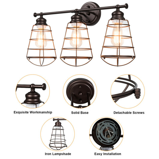 Industrial 3-Light Wall Lamp with Cage Design (Set of 1) 7 Industrial 3-Light Wall Lamp with Cage Design (Set of 1) - Image 7