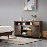 Farmhouse Sliding Barn Door TV Stand with Adjustable Shelves