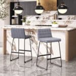 Gray Tufted Bar Stools with Steel Frame and Footrest (Set of 2)
