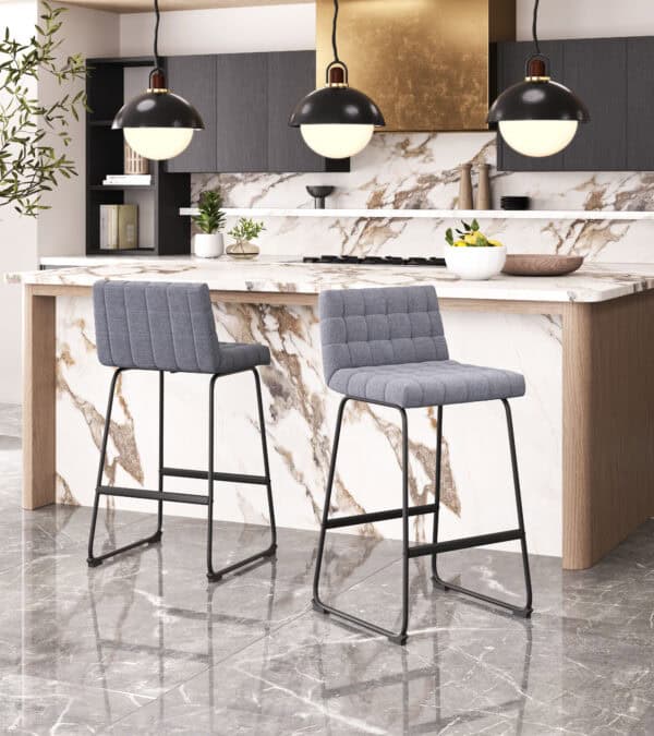 Gray Tufted Bar Stools with Steel Frame and Footrest (Set of 2)
