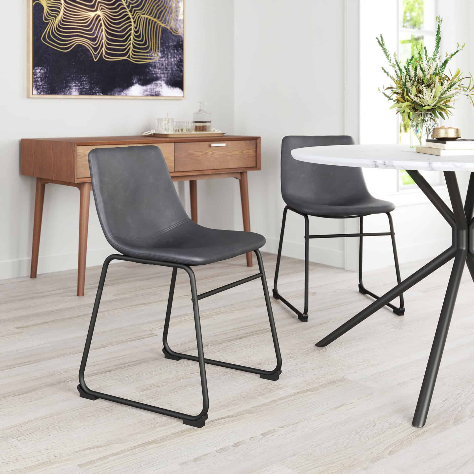 Charcoal Faux Leather Dining Chair with Matte Black Frame (Set of 2)