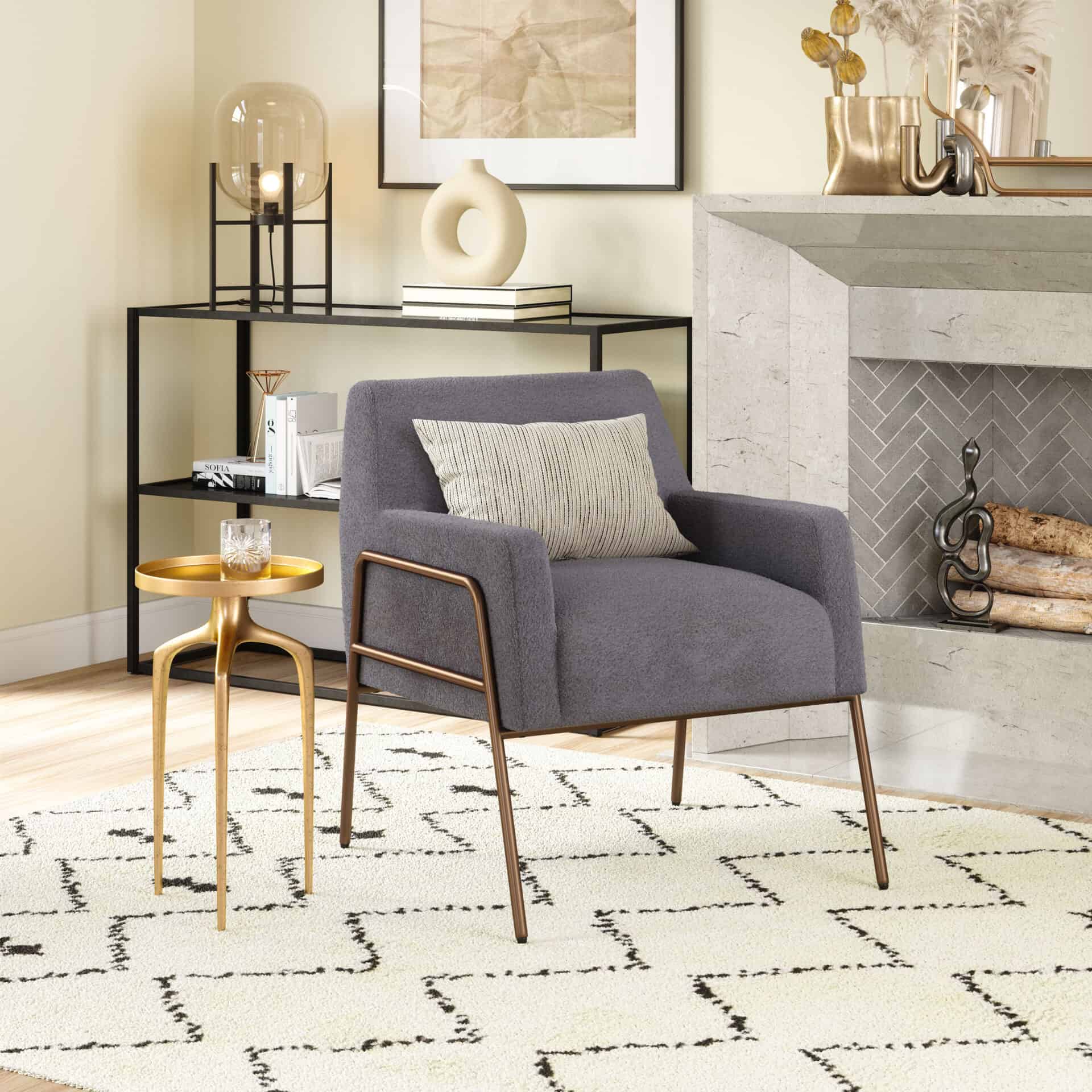 Gray Shearling Style Accent Chair with Powder Coated Steel Frame 1 Gray Shearling Style Accent Chair with Powder Coated Steel Frame