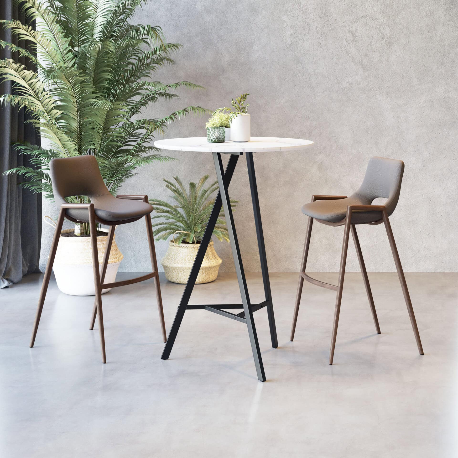 Mid-Century Modern Brown Barstool with Walnut Legs (Set of 2)