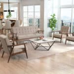 Modern Three-Seat Sofa with Tufted Cushions, Putty Fabric Finish