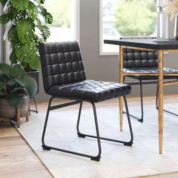 Black Vinyl Tufted Dining Chair with Steel Frame (Set of 2)