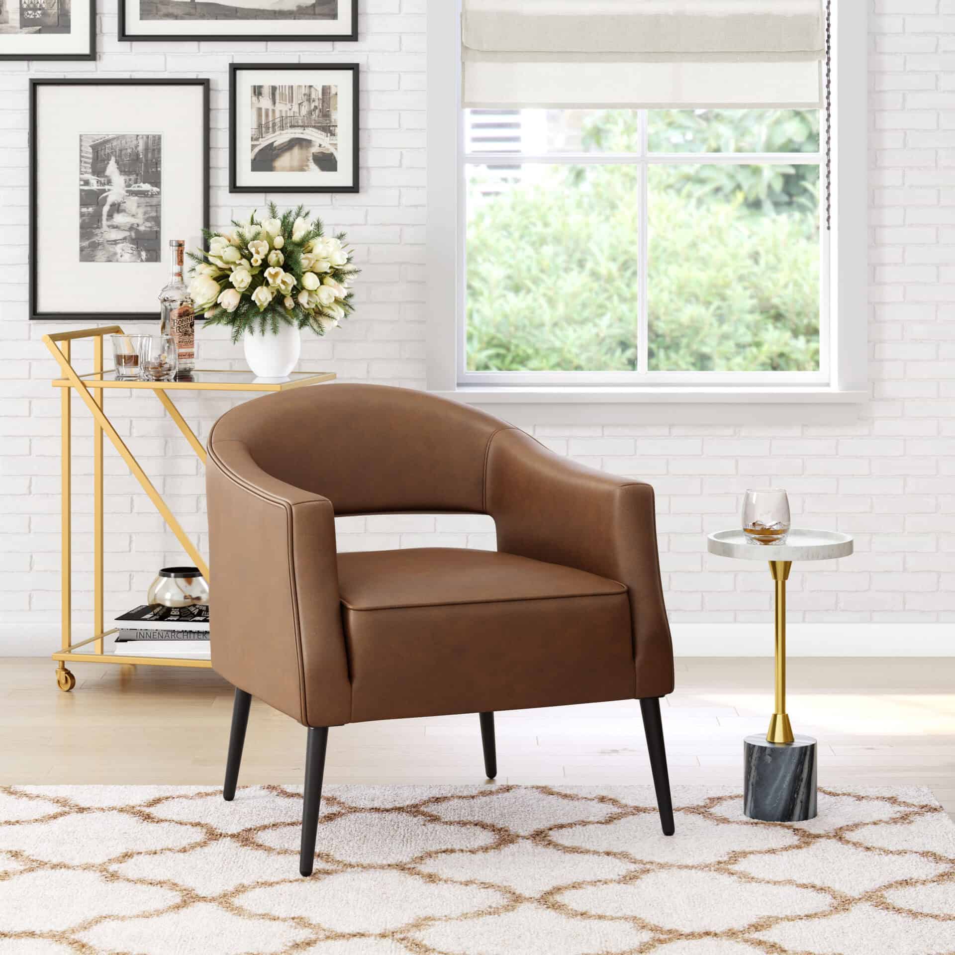 Vintage Brown Boho Faux Leather Accent Chair with Steel Legs 1 Vintage Brown Boho Faux Leather Accent Chair with Steel Legs