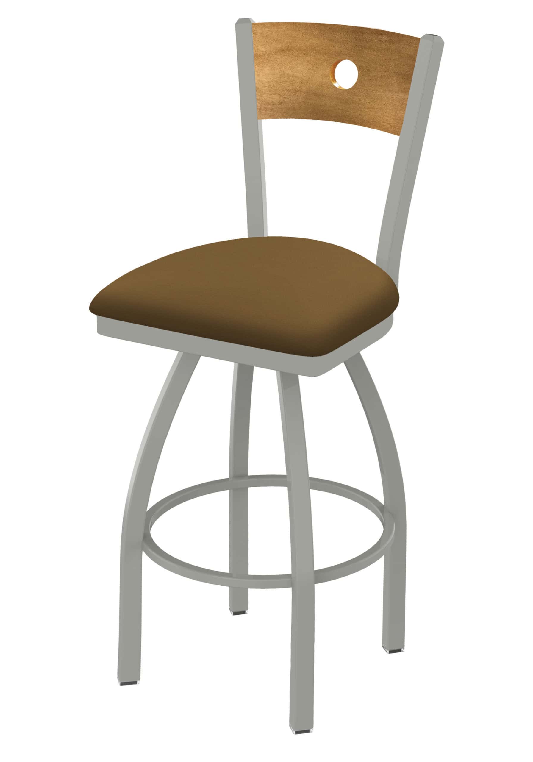 36-Inch Medium Stained Medium Wood Keyhole Back Bar Stool with Steel Frame, Anodized Nickel Finish, Canter Saddle Seat, and Single-Ring Base 6 36-Inch Medium Stained Medium Wood Keyhole Back Bar Stool with Steel Frame, Anodized Nickel Finish, Canter Saddle Seat, and Single-Ring Base