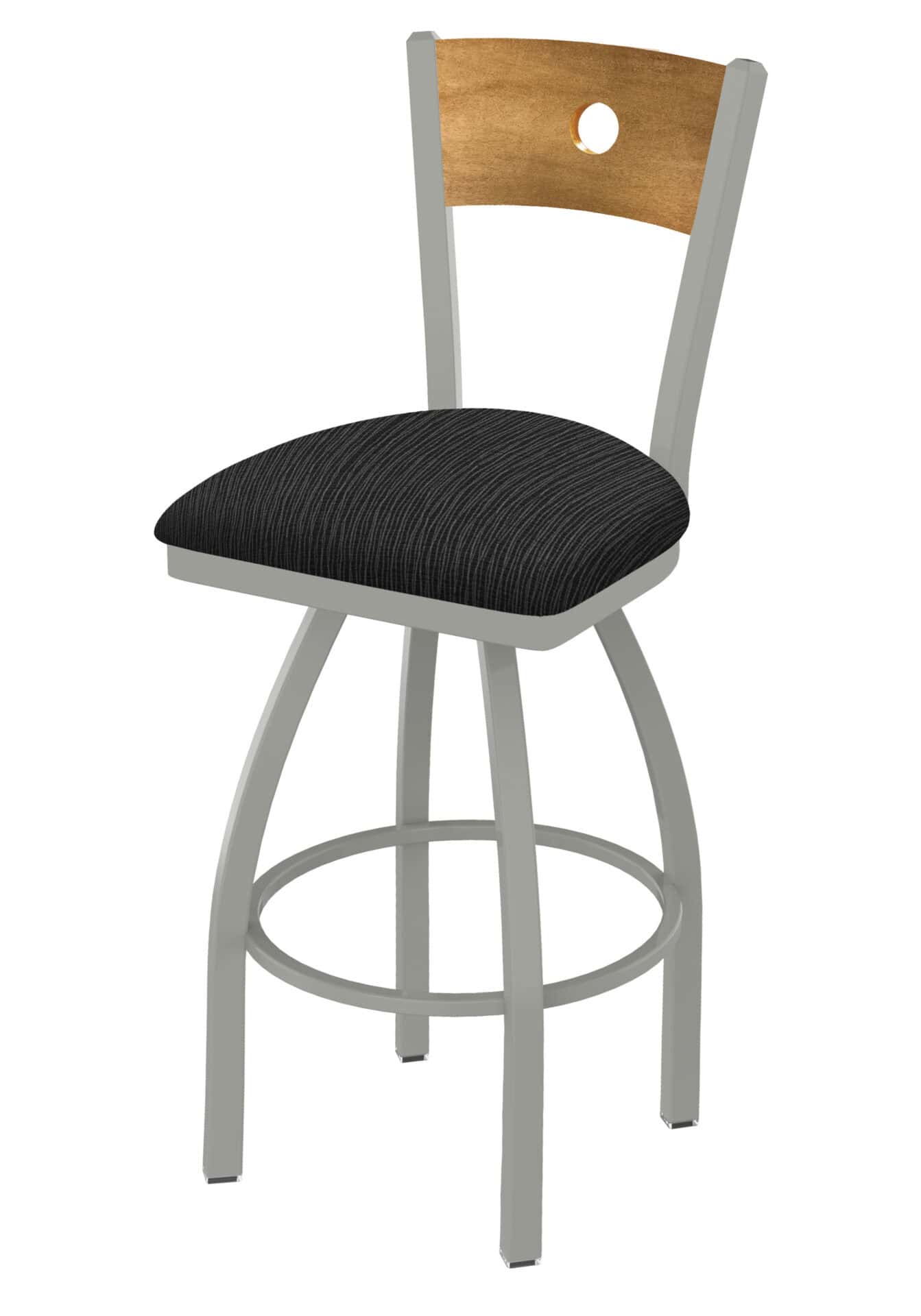 36-Inch Medium Stained Medium Wood Keyhole Back Bar Stool with Steel Frame, Anodized Nickel Finish, Graph Coal Seat, and Single-Ring Base 1 36-Inch Medium Stained Medium Wood Keyhole Back Bar Stool with Steel Frame, Anodized Nickel Finish, Graph Coal Seat, and Single-Ring Base