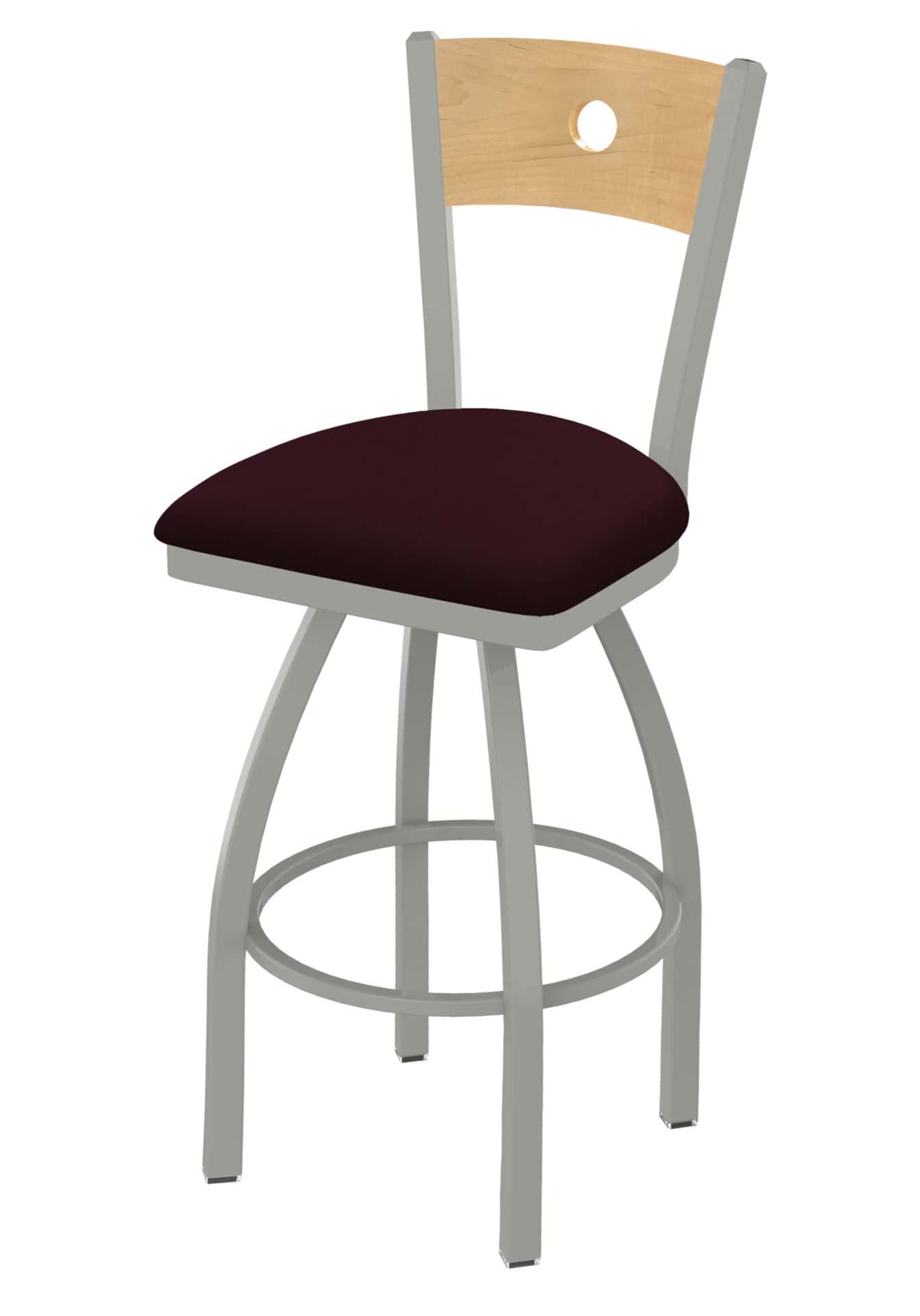 36-Inch Natural Finish Wood Keyhole Back Bar Stool with Steel Frame, Anodized Nickel Finish, Canter Bordeaux Seat, and Single-Ring Base 1 36-Inch Natural Finish Wood Keyhole Back Bar Stool with Steel Frame, Anodized Nickel Finish, Canter Bordeaux Seat, and Single-Ring Base