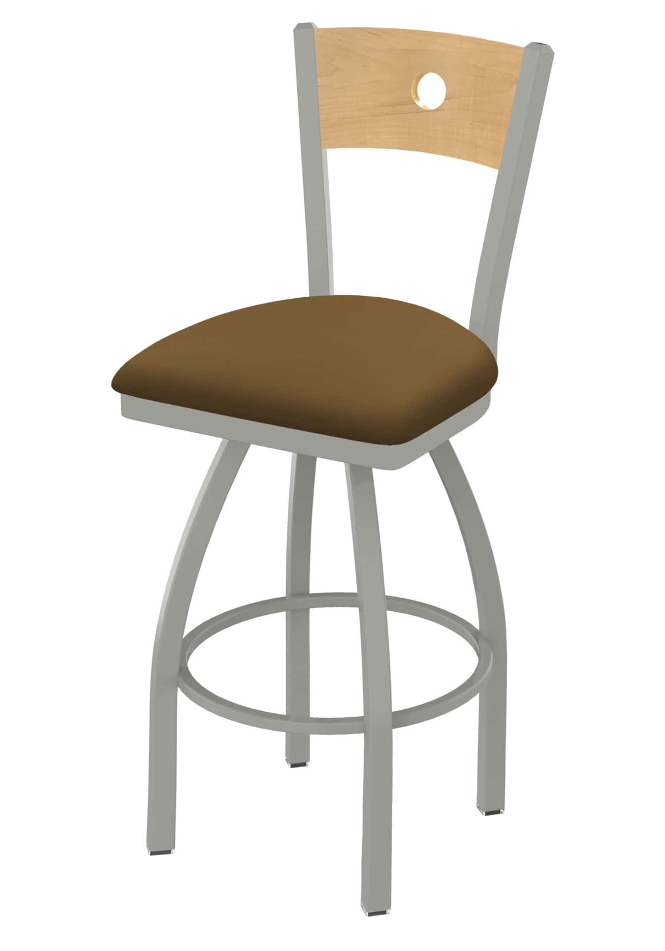 36-Inch Natural Finish Wood Keyhole Back Bar Stool with Steel Frame, Anodized Nickel Finish, Canter Saddle Seat, and Single-Ring Base 1 36-Inch Natural Finish Wood Keyhole Back Bar Stool with Steel Frame, Anodized Nickel Finish, Canter Saddle Seat, and Single-Ring Base