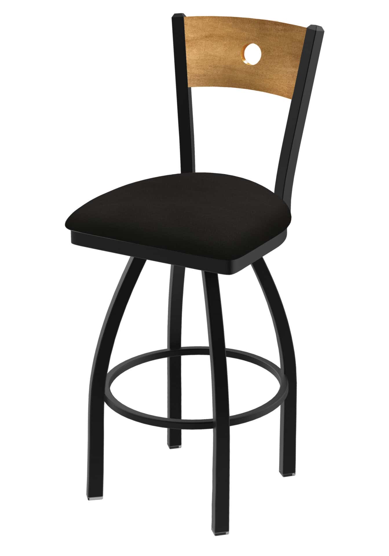 36-Inch Medium Stained Medium Wood Keyhole Back Bar Stool with Steel Frame, Black Wrinkle Finish, Canter Espresso Seat, and Single-Ring Base 1 36-Inch Medium Stained Medium Wood Keyhole Back Bar Stool with Steel Frame, Black Wrinkle Finish, Canter Espresso Seat, and Single-Ring Base