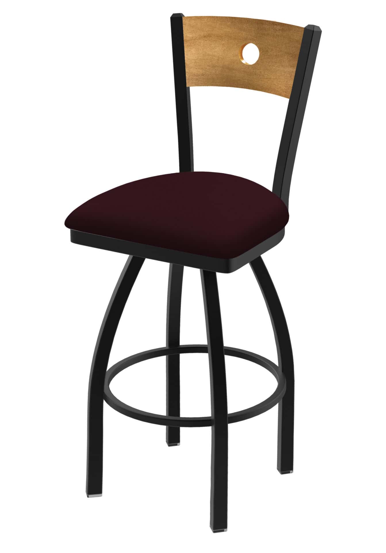 36-Inch Medium Stained Medium Wood Keyhole Back Bar Stool with Steel Frame, Black Wrinkle Finish, Canter Bordeaux Seat, and Single-Ring Base 1 36-Inch Medium Stained Medium Wood Keyhole Back Bar Stool with Steel Frame, Black Wrinkle Finish, Canter Bordeaux Seat, and Single-Ring Base