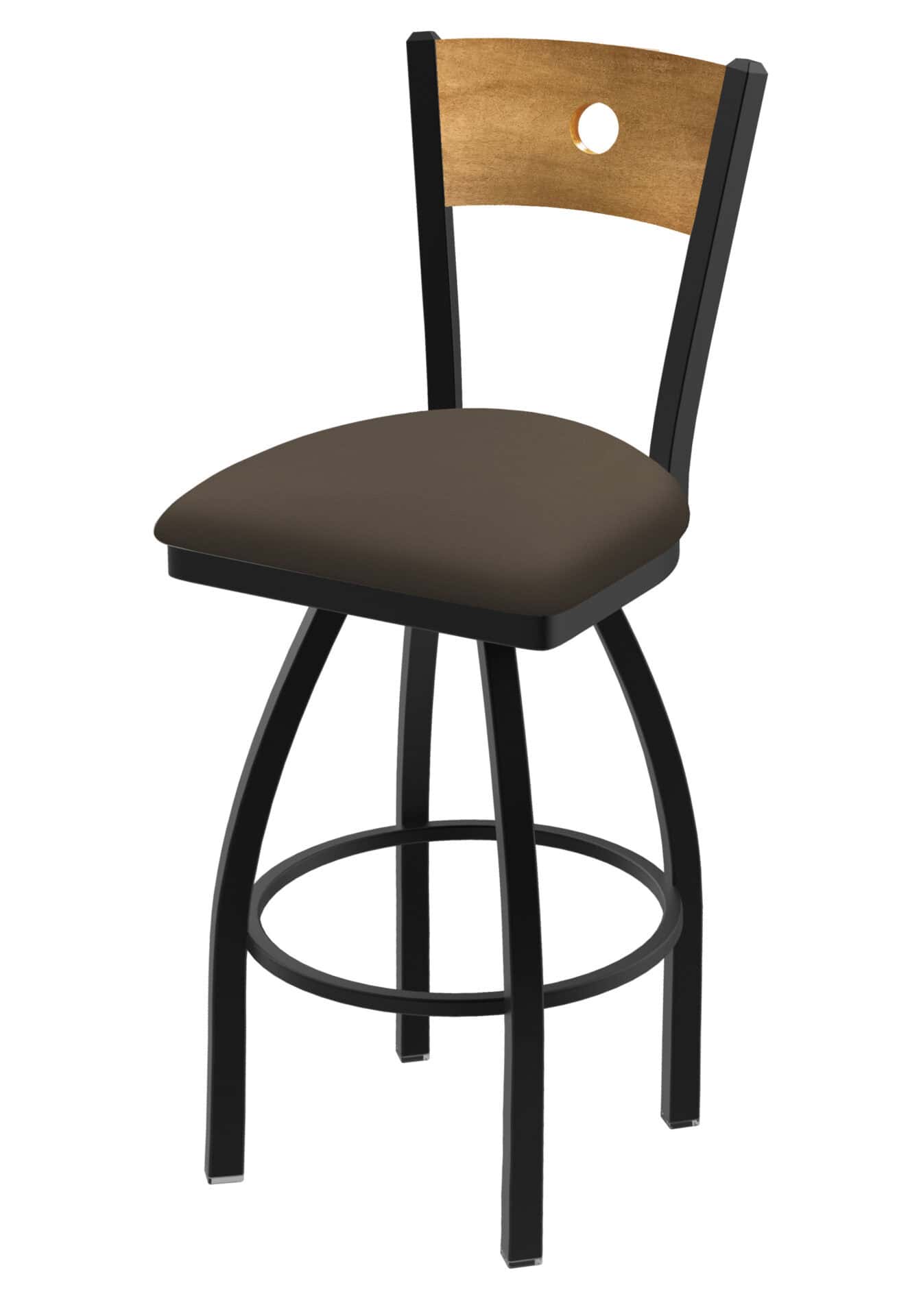 36-Inch Medium Stained Medium Wood Keyhole Back Bar Stool with Steel Frame, Black Wrinkle Finish, Canter Earth Seat, and Single-Ring Base 1 36-Inch Medium Stained Medium Wood Keyhole Back Bar Stool with Steel Frame, Black Wrinkle Finish, Canter Earth Seat, and Single-Ring Base