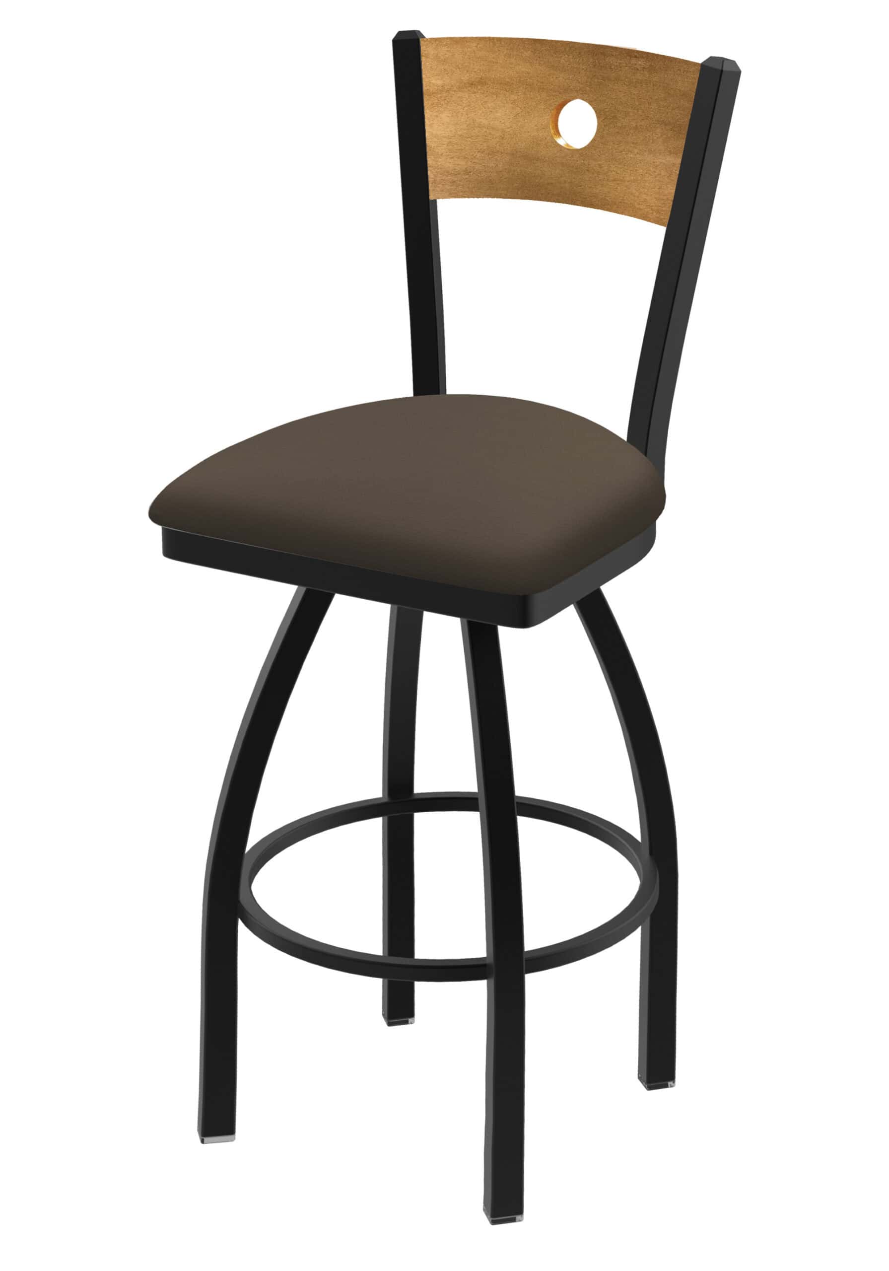36-Inch Medium Stained Medium Wood Keyhole Back Bar Stool with Steel Frame, Black Wrinkle Finish, Canter Earth Seat, and Single-Ring Base 6 36-Inch Medium Stained Medium Wood Keyhole Back Bar Stool with Steel Frame, Black Wrinkle Finish, Canter Earth Seat, and Single-Ring Base
