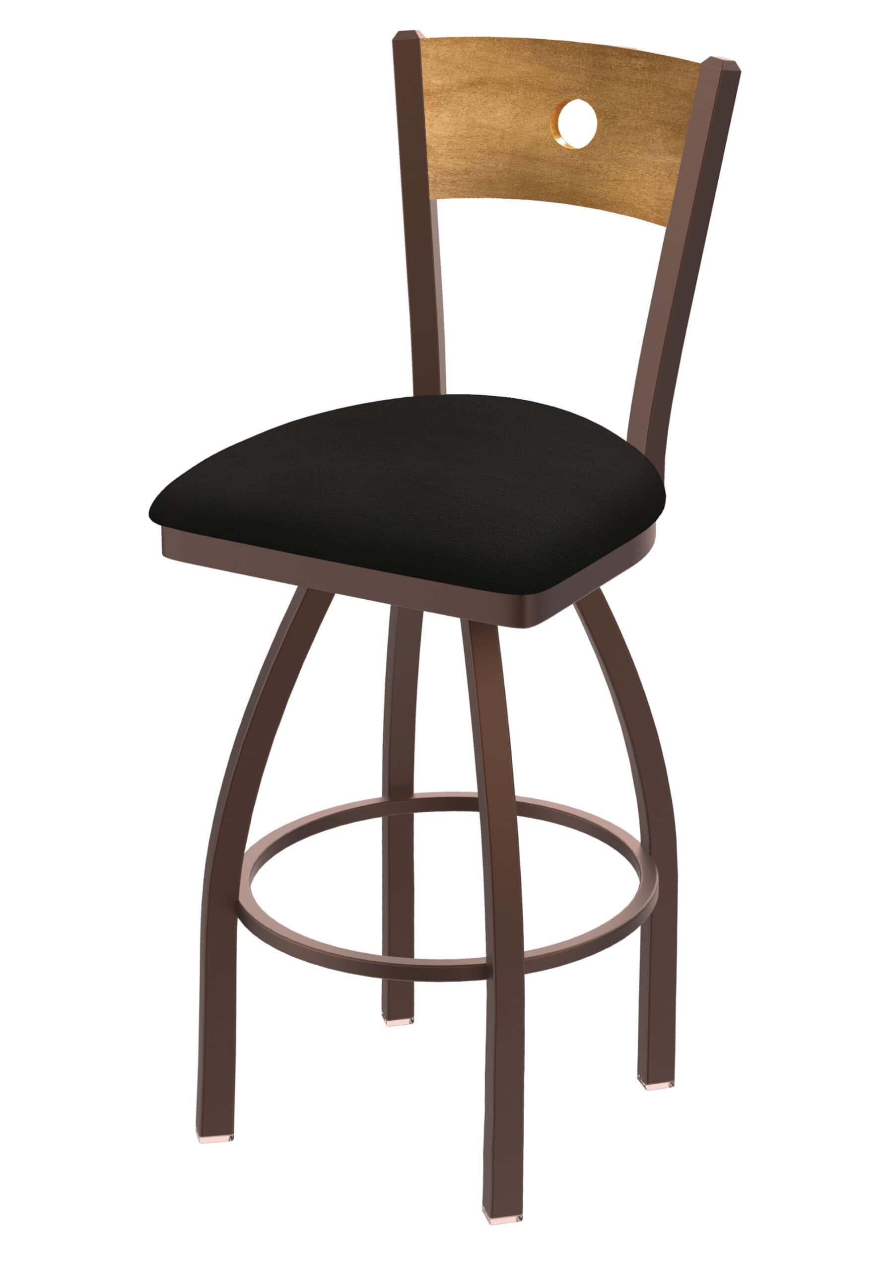 36-Inch Medium Stained Medium Wood Keyhole Back Bar Stool with Steel Frame, Bronze Finish, Canter Espresso Seat, and Single-Ring Base 6 36-Inch Medium Stained Medium Wood Keyhole Back Bar Stool with Steel Frame, Bronze Finish, Canter Espresso Seat, and Single-Ring Base