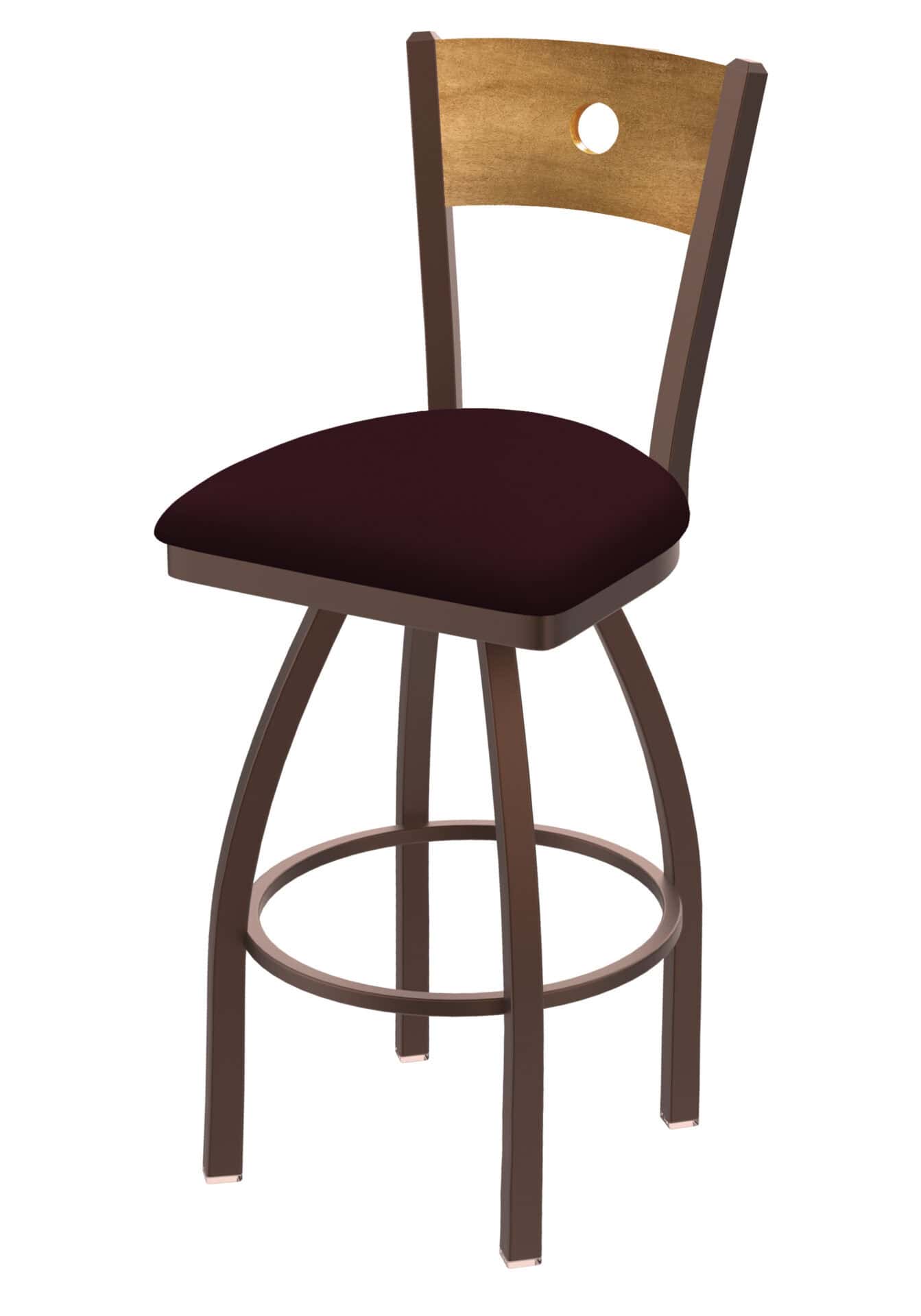 36-Inch Medium Stained Medium Wood Keyhole Back Bar Stool with Steel Frame, Bronze Finish, Canter Bordeaux Seat, and Single-Ring Base 1 36-Inch Medium Stained Medium Wood Keyhole Back Bar Stool with Steel Frame, Bronze Finish, Canter Bordeaux Seat, and Single-Ring Base