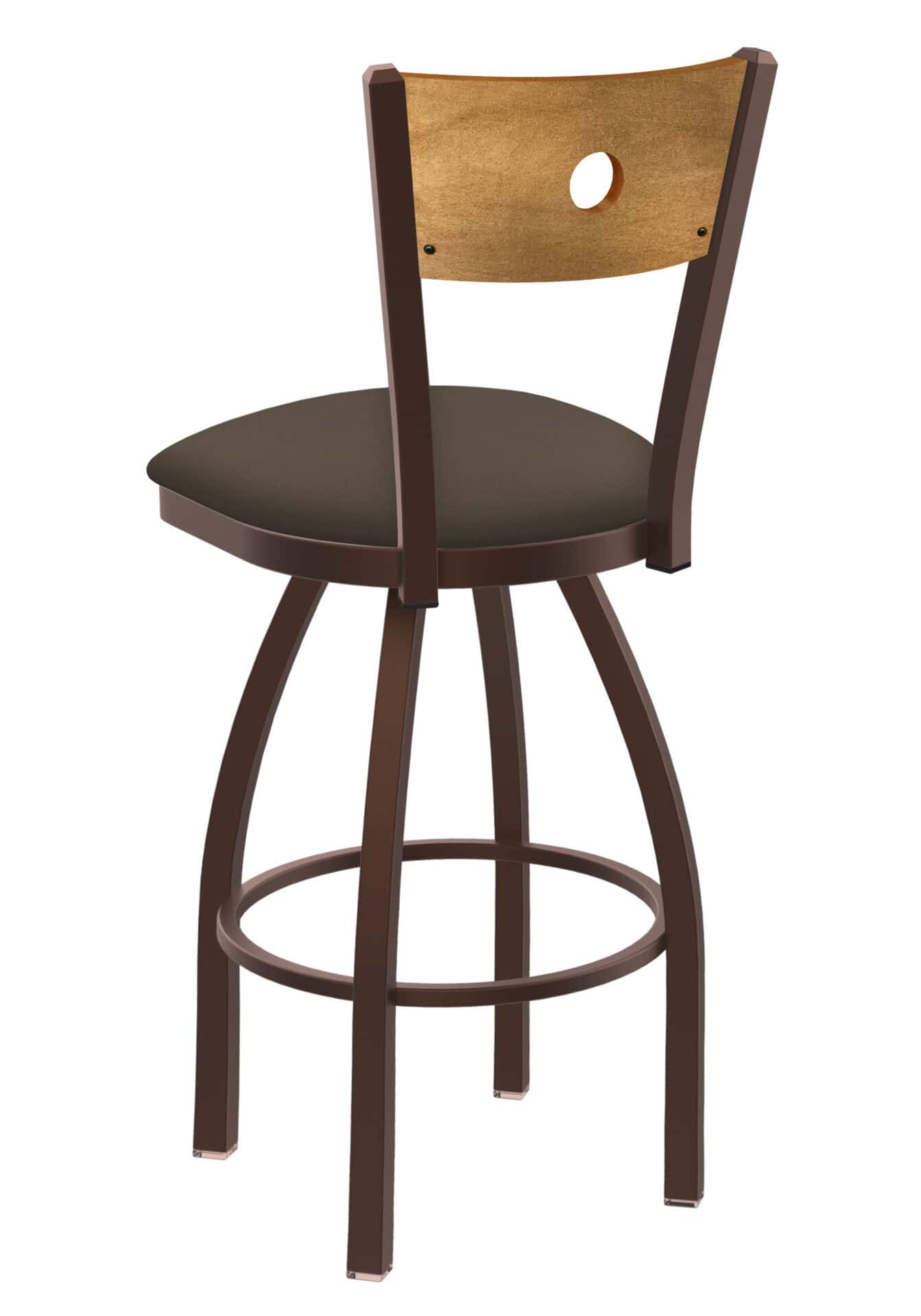 36-Inch Medium Stained Medium Wood Keyhole Back Bar Stool with Steel Frame, Bronze Finish, Canter Earth Seat, and Single-Ring Base 2 36-Inch Medium Stained Medium Wood Keyhole Back Bar Stool with Steel Frame, Bronze Finish, Canter Earth Seat, and Single-Ring Base - Image 2