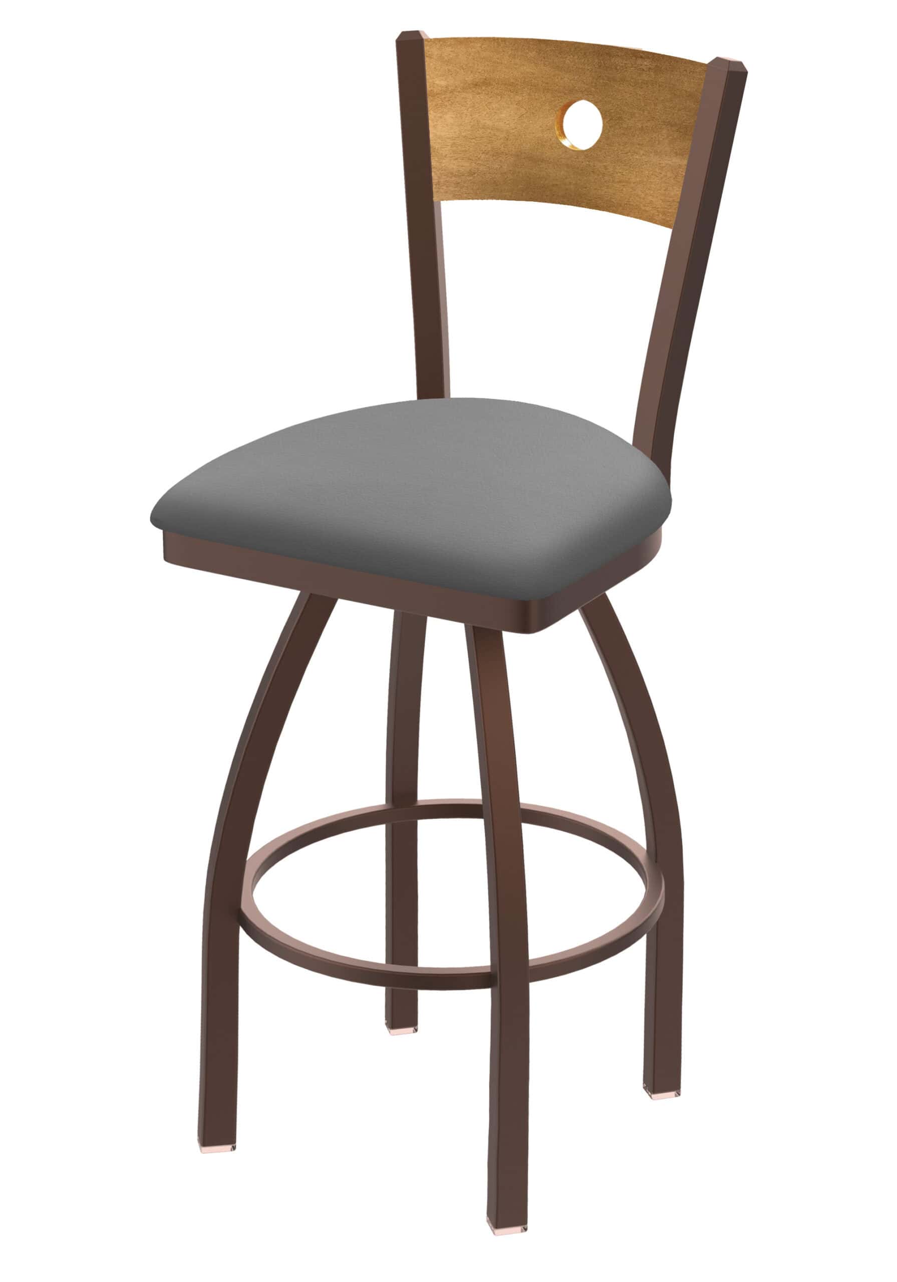 30-Inch Medium Stained Medium Wood Keyhole Back Bar Stool with Steel Frame, Bronze Finish, Canter Folkstone Grey Seat, and Single-Ring Base 4 30-Inch Medium Stained Medium Wood Keyhole Back Bar Stool with Steel Frame, Bronze Finish, Canter Folkstone Grey Seat, and Single-Ring Base