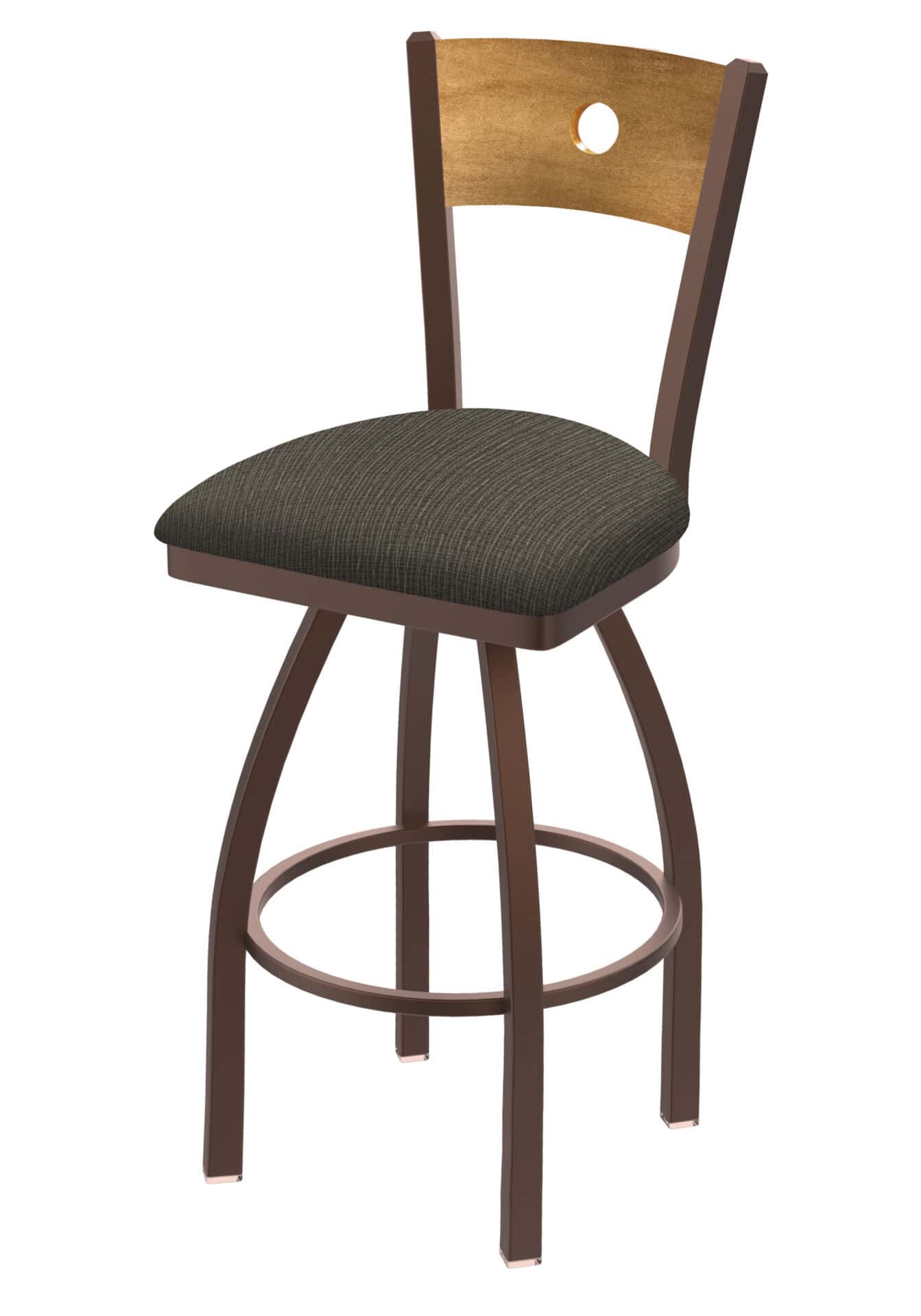 36-Inch Medium Stained Medium Wood Keyhole Back Bar Stool with Steel Frame, Bronze Finish, Graph Chalice Seat, and Single-Ring Base 1 36-Inch Medium Stained Medium Wood Keyhole Back Bar Stool with Steel Frame, Bronze Finish, Graph Chalice Seat, and Single-Ring Base