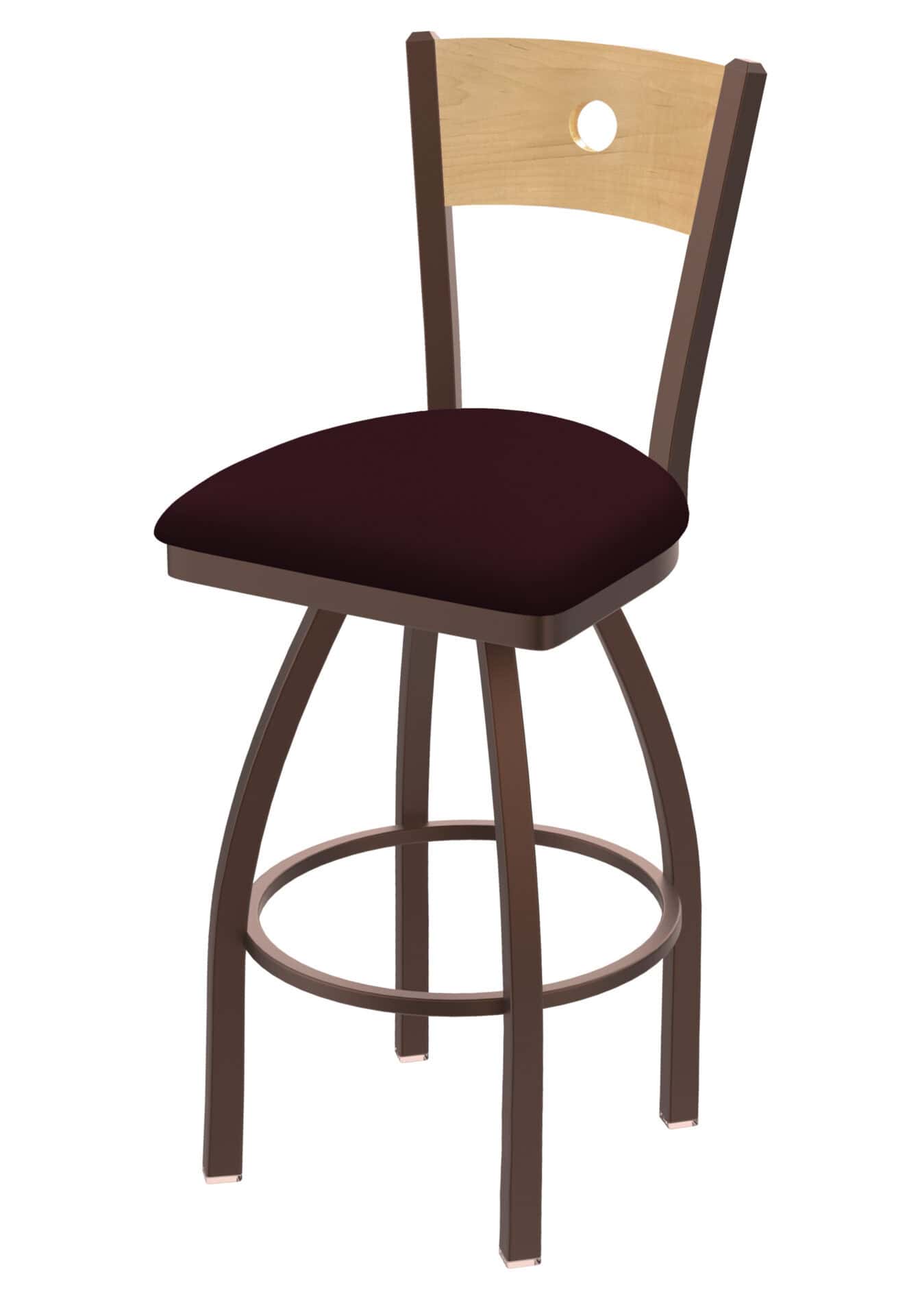 36-Inch Natural Finish Wood Keyhole Back Bar Stool with Steel Frame, Bronze Finish, Canter Bordeaux Seat, and Single-Ring Base 1 36-Inch Natural Finish Wood Keyhole Back Bar Stool with Steel Frame, Bronze Finish, Canter Bordeaux Seat, and Single-Ring Base