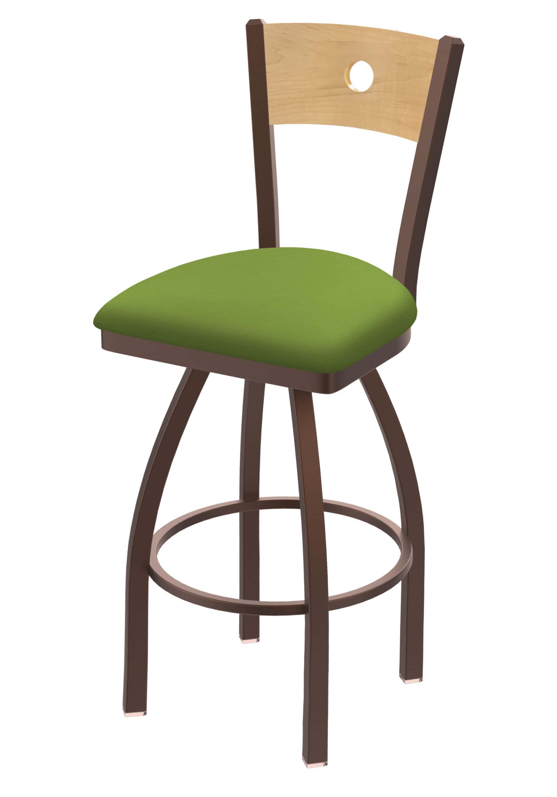 36-Inch Natural Finish Wood Keyhole Back Bar Stool with Steel Frame, Bronze Finish, Canter Kiwi Green Seat, and Single-Ring Base 6 36-Inch Natural Finish Wood Keyhole Back Bar Stool with Steel Frame, Bronze Finish, Canter Kiwi Green Seat, and Single-Ring Base