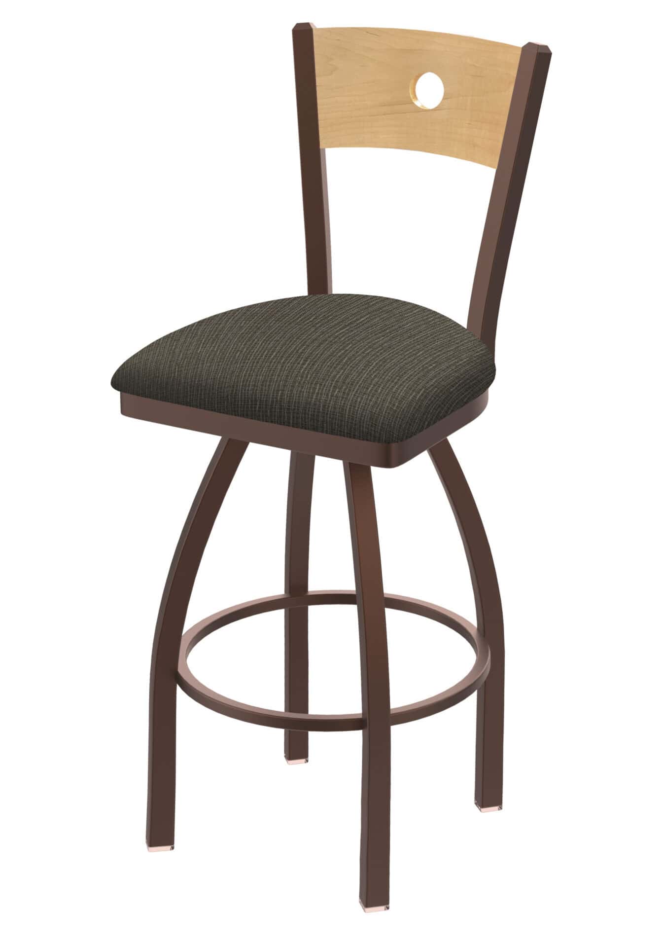 36-Inch Natural Finish Wood Keyhole Back Bar Stool with Steel Frame, Bronze Finish, Graph Chalice Seat, and Single-Ring Base 1 36-Inch Natural Finish Wood Keyhole Back Bar Stool with Steel Frame, Bronze Finish, Graph Chalice Seat, and Single-Ring Base