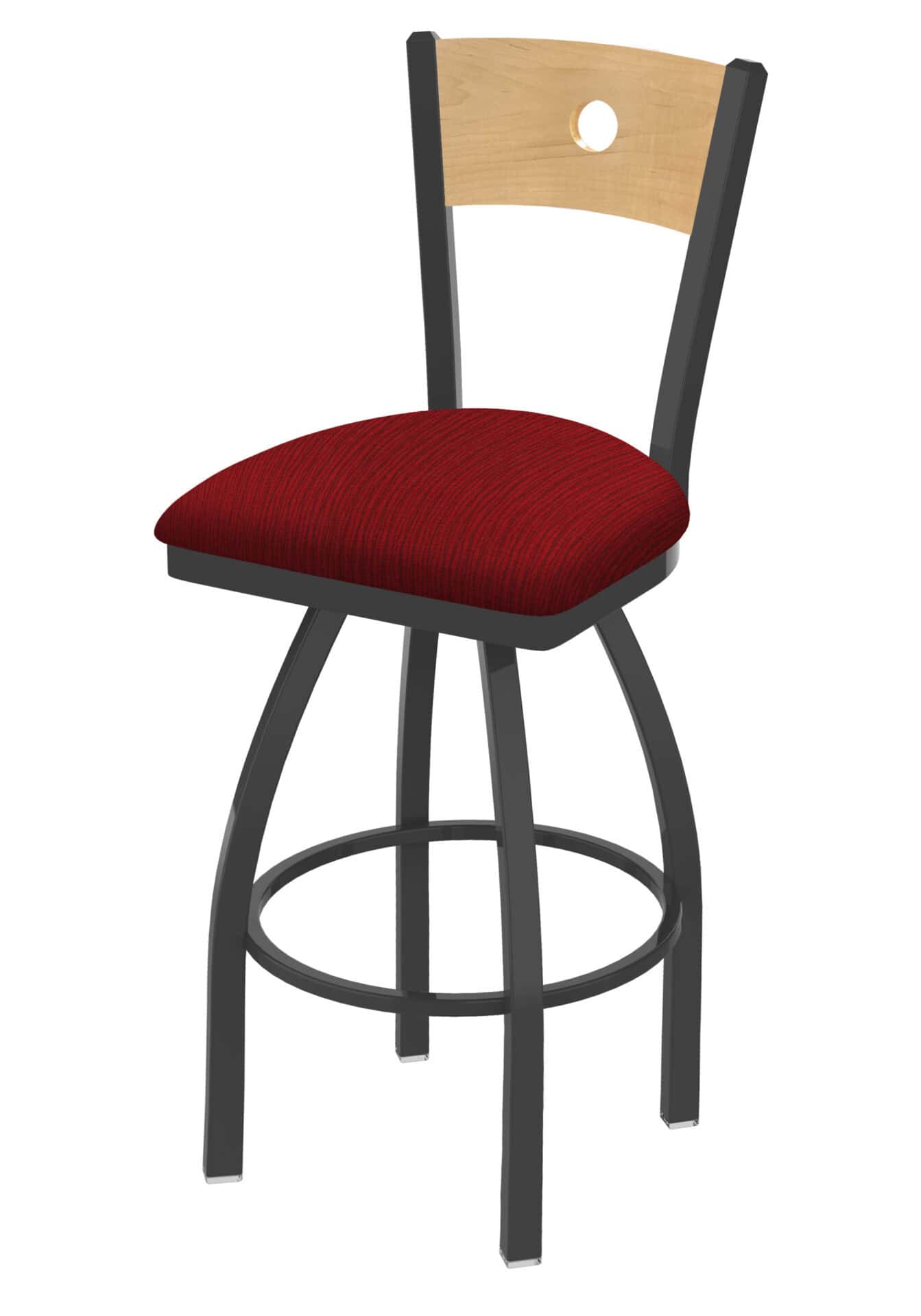36-Inch Natural Finish Wood Keyhole Back Bar Stool with Steel Frame, Pewter Finish, Graph Ruby Seat, and Single-Ring Base 1 36-Inch Natural Finish Wood Keyhole Back Bar Stool with Steel Frame, Pewter Finish, Graph Ruby Seat, and Single-Ring Base