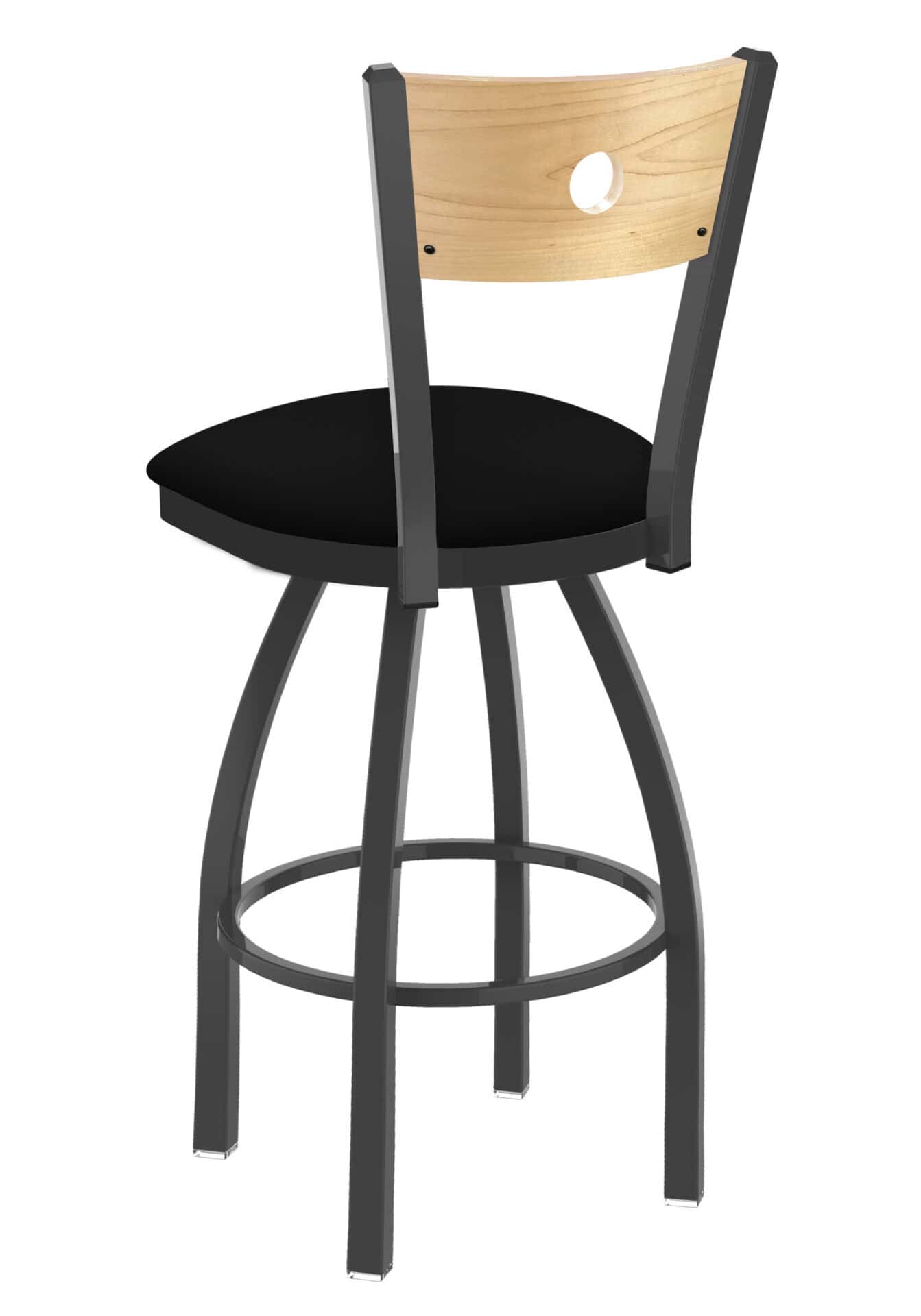 36-Inch Natural Finish Wood Keyhole Back Bar Stool with Steel Frame, Pewter Finish, Black Vinyl Seat, and Single-Ring Base 2 36-Inch Natural Finish Wood Keyhole Back Bar Stool with Steel Frame, Pewter Finish, Black Vinyl Seat, and Single-Ring Base - Image 2