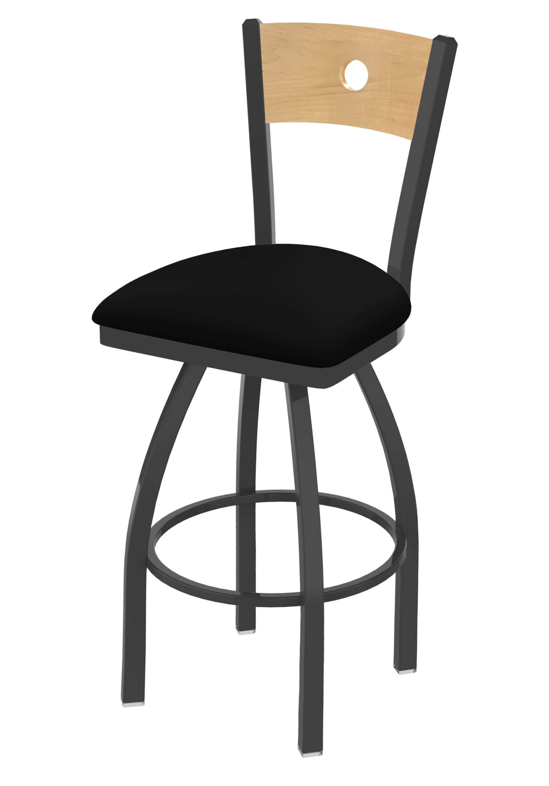 36-Inch Natural Finish Wood Keyhole Back Bar Stool with Steel Frame, Pewter Finish, Black Vinyl Seat, and Single-Ring Base 6 36-Inch Natural Finish Wood Keyhole Back Bar Stool with Steel Frame, Pewter Finish, Black Vinyl Seat, and Single-Ring Base