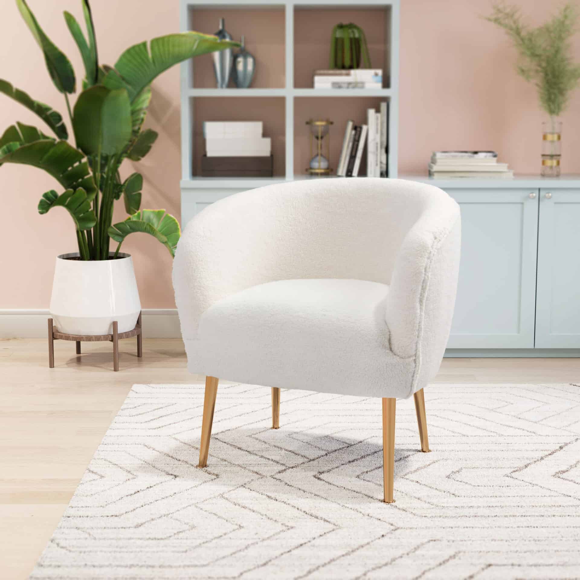 Beige Sherpa Accent Chair with Gold Legs and Armrests 1 Beige Sherpa Accent Chair with Gold Legs and Armrests