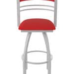 25-Inch Steel Swivel Counter Stool with Anodized Nickel Finish, Canter Red 2.5-Inch Cushion Seat, Tall Curved Slat Back, and Single-Ring Base