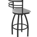 36-Inch Steel Swivel Bar Stool with Black Wrinkle Finish, Canter Folkstone Grey 2.5-Inch Cushion Seat, Tall Curved Slat Back, and Single-Ring Base